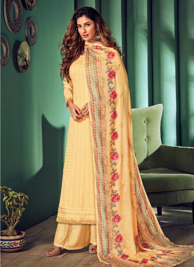 Gold Pure Georgette With Heavy Embroidery Lucknowi Work Plazzo Salwar Suit Collection 13501-13506